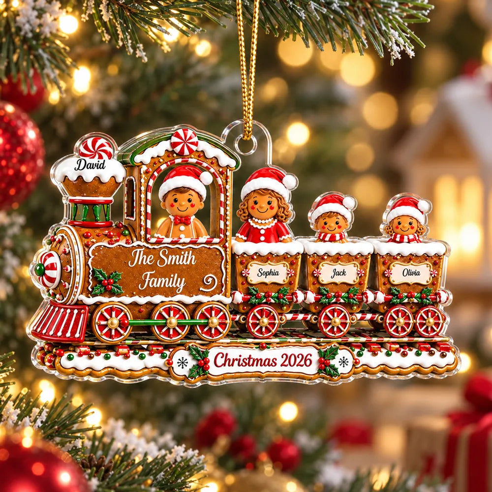 Personalized Acrylic Ornament, Gingerbread Family Train on a Christmas Tree, Unique Holiday Gift for Family