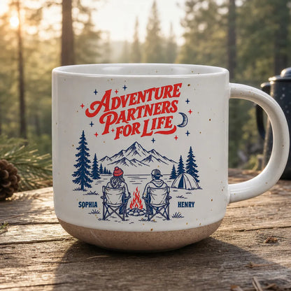Adventure Partners for Life Personalized Pottery Mug, Mountain Camping Scene, Creative Gift for Your Partner