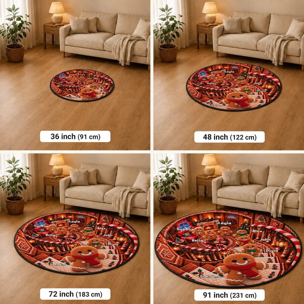 Round Quilted Mat, Personalized Gingerbread Family by Fireplace, Heartwarming Creative Gift for Family