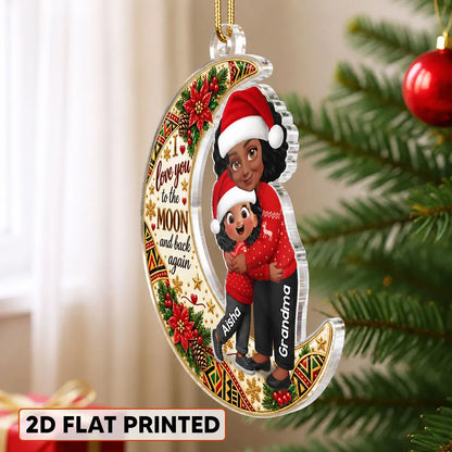 Personalized Acrylic Ornament, Red and Gold Christmas Moon with Hugging Grandma and Grandchild, Unique Gift for Grandma, Grandkids