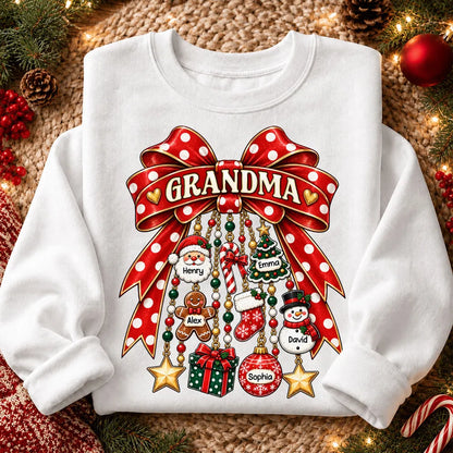 Personalized Grandma Classic Tee with Retro Christmas Bow, Unique Gift for Cozy Holiday Gatherings