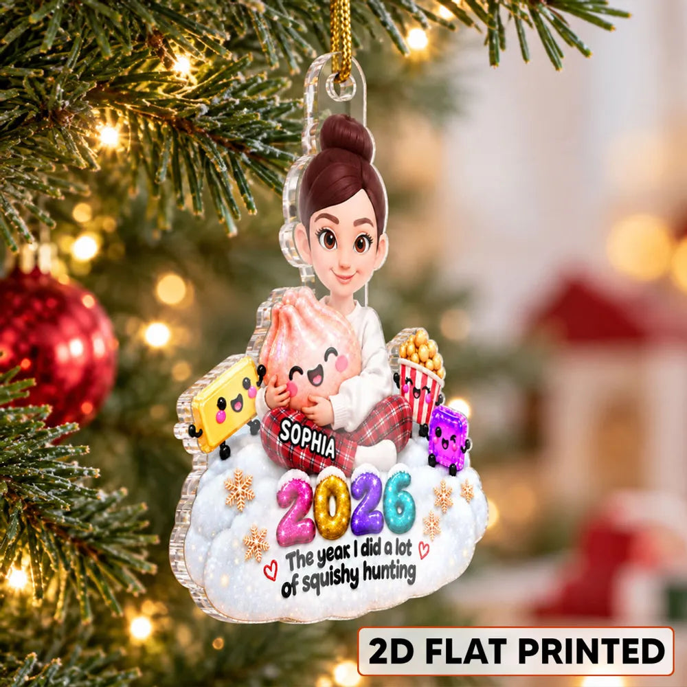 Personalized Acrylic Ornament, Cute Girl Hugging Squishy Toys in Snow, Unique Christmas Gift for Kids