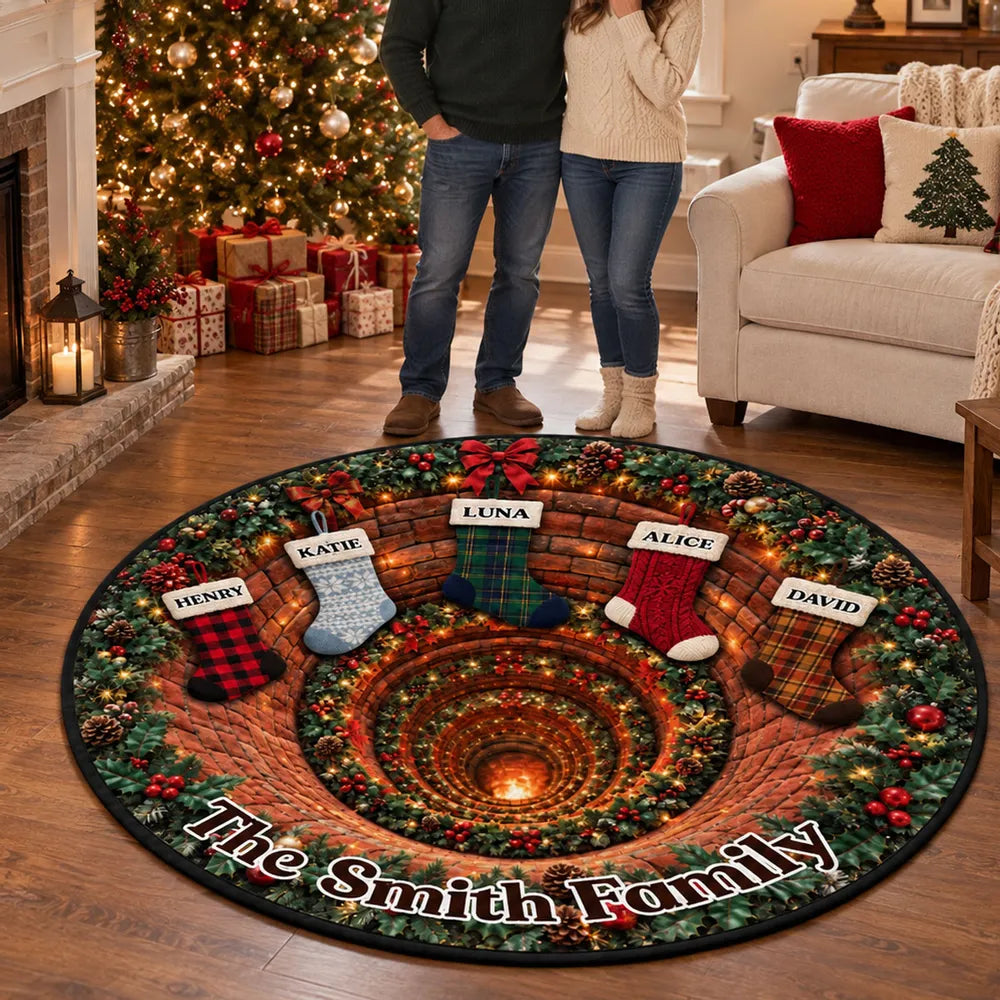 Personalized Round Quilted Mat, Christmas Fireplace Stockings in Rich Holiday Colors, Unique Family Gift