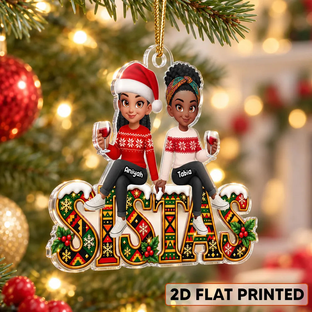 Personalized Acrylic Ornament, Sistas Holding Hands in Festive Sweaters, Unique Christmas Gift for Sisters