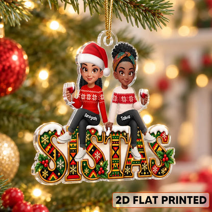 Personalized Acrylic Ornament, Sistas Holding Hands in Festive Sweaters, Unique Christmas Gift for Sisters