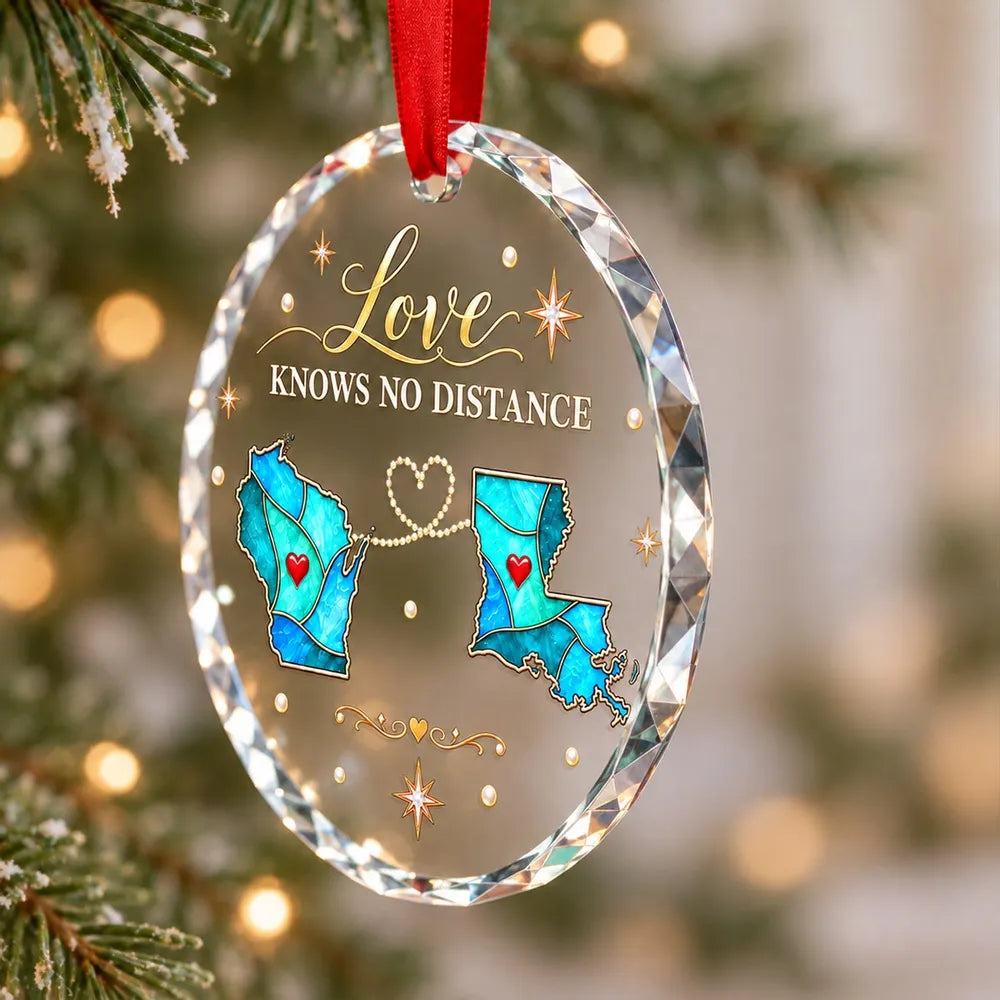 Personalized Crystal Ornament with Blue State Maps, Unique Christmas Tree Gift for Faraway Family & Friends