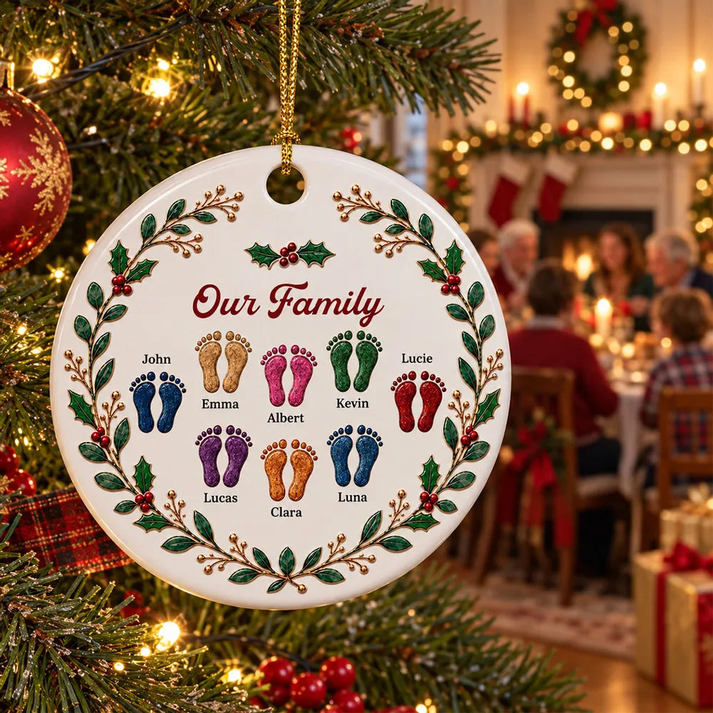 Personalized Ceramic Ornament with Family and Pet Footprints, Holly Wreath, Unique Christmas Gift for Family