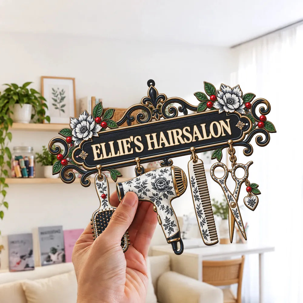Personalized Shaped Metal Sign, Ornate Blue Floral Salon Tools Decor, Unique Gift for Hair Stylist