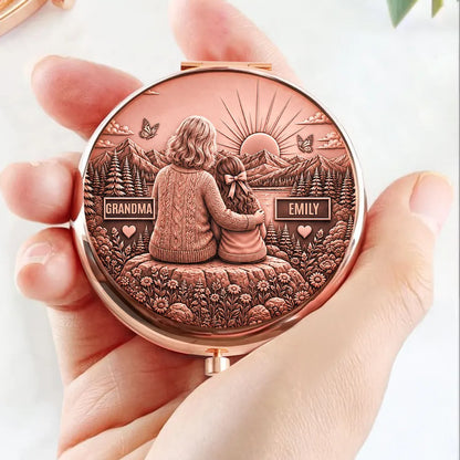 Personalized Metal Compact Mirror, Grandma Hugging Granddaughter at Sunset, Unique Gift for Granddaughter