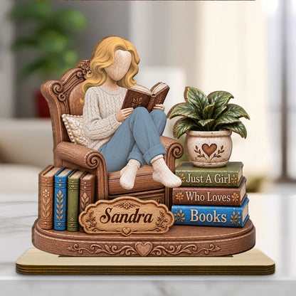 Personalized 2-Layer Wooden Plaque, Woman Reading in a Cozy Chair, Unique Gift for Book Lovers