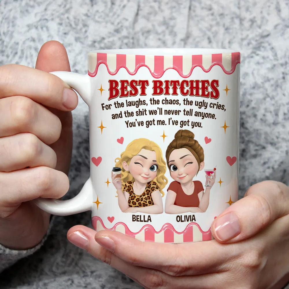 Personalized Ceramic Mug, Winking Friends Holding Drinks, Pink Cartoon Design, Unique Gift for Close Friends