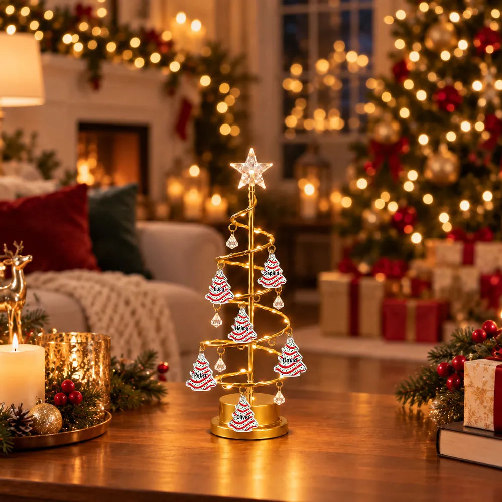 Personalized Spiral Christmas Tree Table Lamp, Warm Gold Family Display, Unique Christmas Gift for Family
