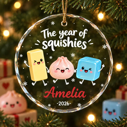 Personalized Crystal Ornament, Cute Squishy Characters Holding Hands, Unique Christmas Gift for Kids