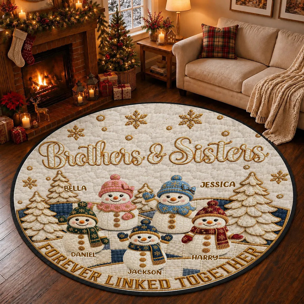 Forever Linked Together Round Quilted Mat, Personalized Sibling Decor, Creative Family Gift with Snowmen