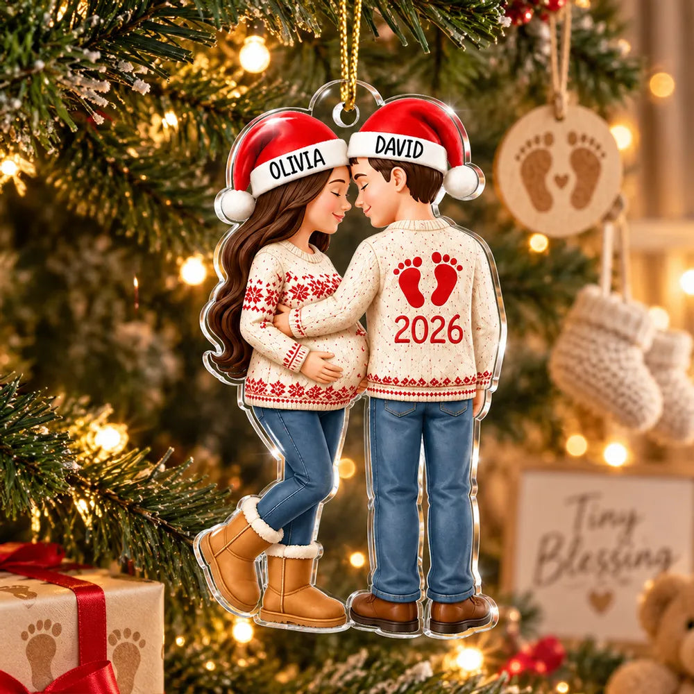 Personalized Acrylic Ornament, Embracing Expecting Couple by a Christmas Tree, Unique Gift for New Parents