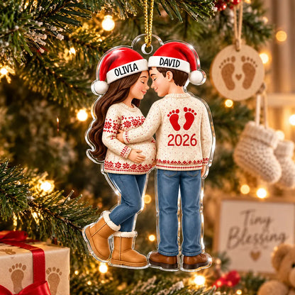 Personalized Acrylic Ornament, Embracing Expecting Couple by a Christmas Tree, Unique Gift for New Parents