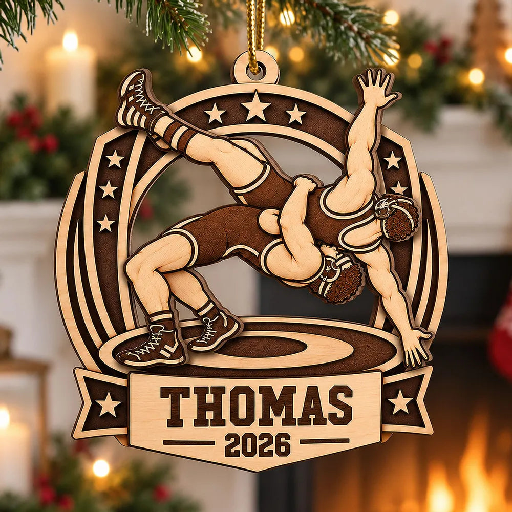 Personalized 2-Layer Wooden Ornament, Warm Brown Wrestling Action, Unique Gift for Son