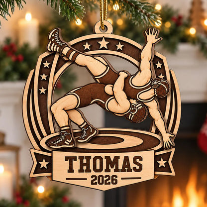 Personalized 2-Layer Wooden Ornament, Warm Brown Wrestling Action, Unique Gift for Son