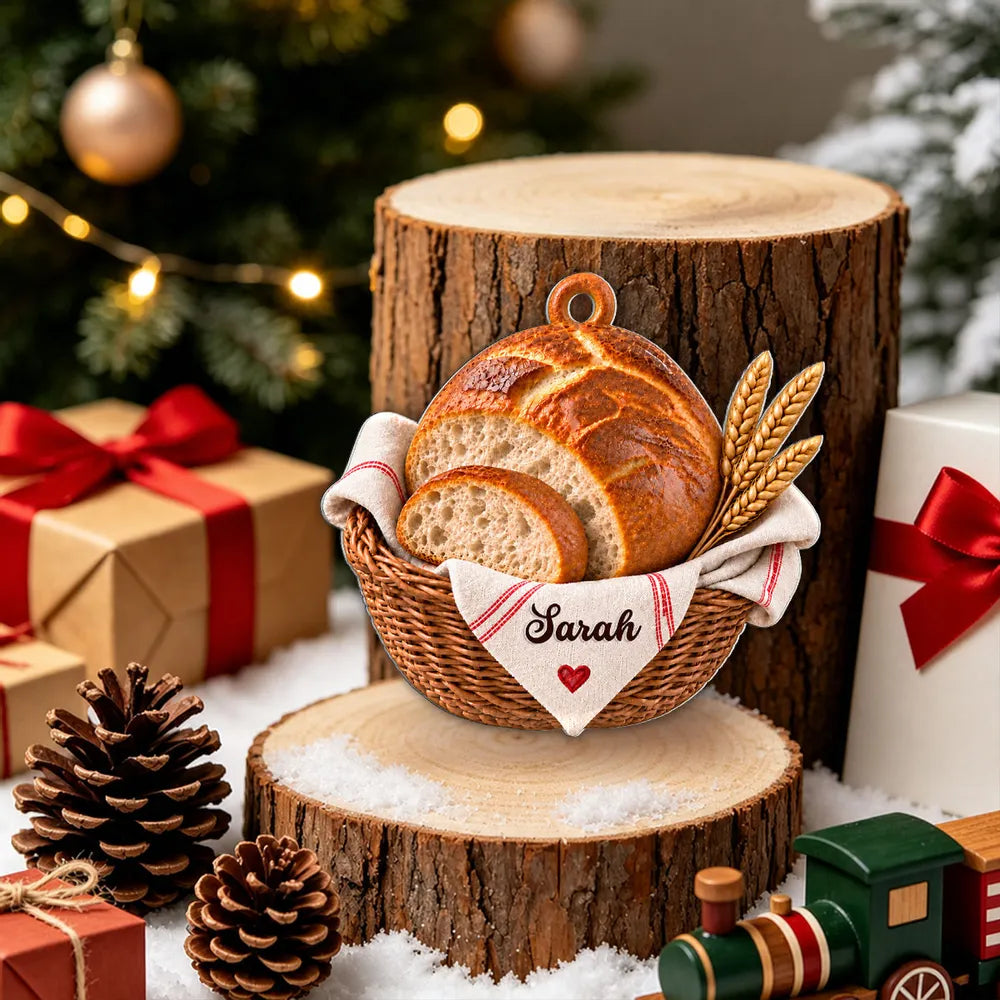Personalized Acrylic Ornament, Sourdough Bread Basket & Wheat on a Christmas Tree, Unique Gift for Home Bakers