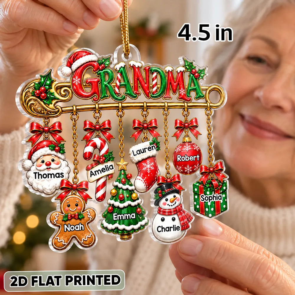 Personalized Acrylic Ornament, Grandma Safety Pin with Hanging Christmas Charms, Unique Gift for Grandma