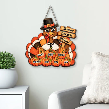 Personalized Wooden Sign with Pilgrim Turkey, Pumpkins and Grateful Thankful Blessed, Unique Rustic Gift for Family