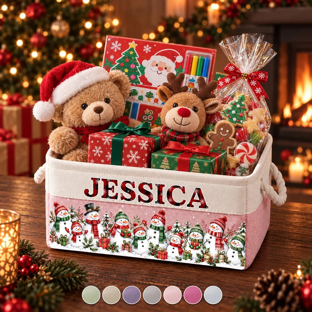 Personalized Rope Storage Basket with Snowman Family Art for Christmas, Unique Gift for Kids