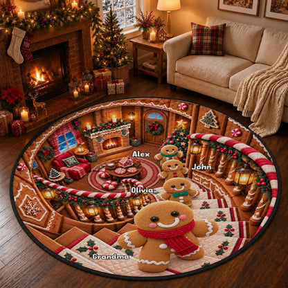 Round Quilted Mat, Personalized Gingerbread Family by Fireplace, Heartwarming Creative Gift for Family