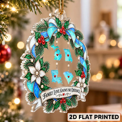 Personalized Acrylic Ornament with State Silhouettes, Blue Christmas Wreath, Unique Gift for Family