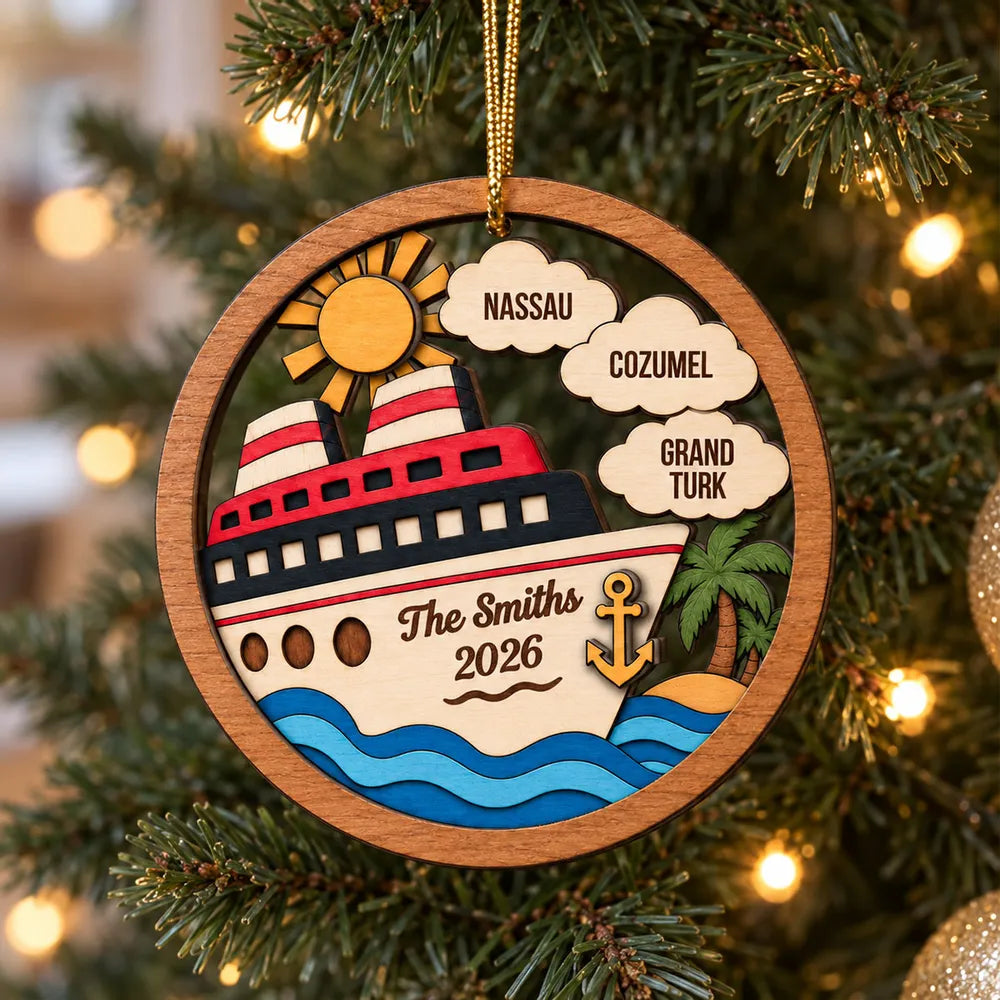 Personalized Family Cruise 2-Layer Wooden Ornament, Tropical Travel Memory, Creative Gift for Travelers