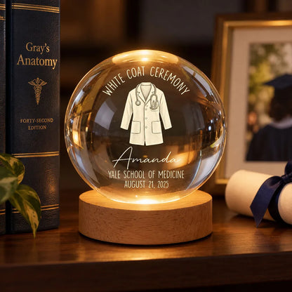 Personalized Globe Lamp with White Coat Illustration, Warm Amber Keepsake, Unique Gift for Future Doctor