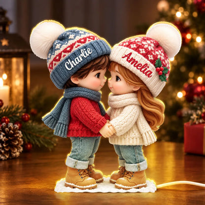 Personalized Acrylic Light Box, Cute Cartoon Couple Holding Hands in a Cozy Christmas Scene, Unique Gift