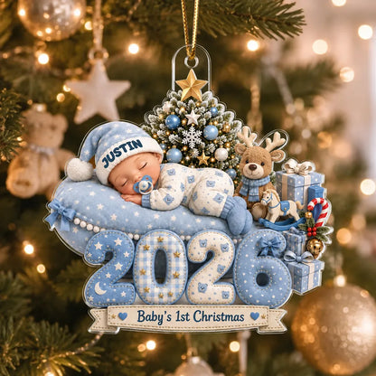 Personalized Acrylic Ornament, Sleeping Baby by a Christmas Tree, Unique First Christmas Gift for New Parents