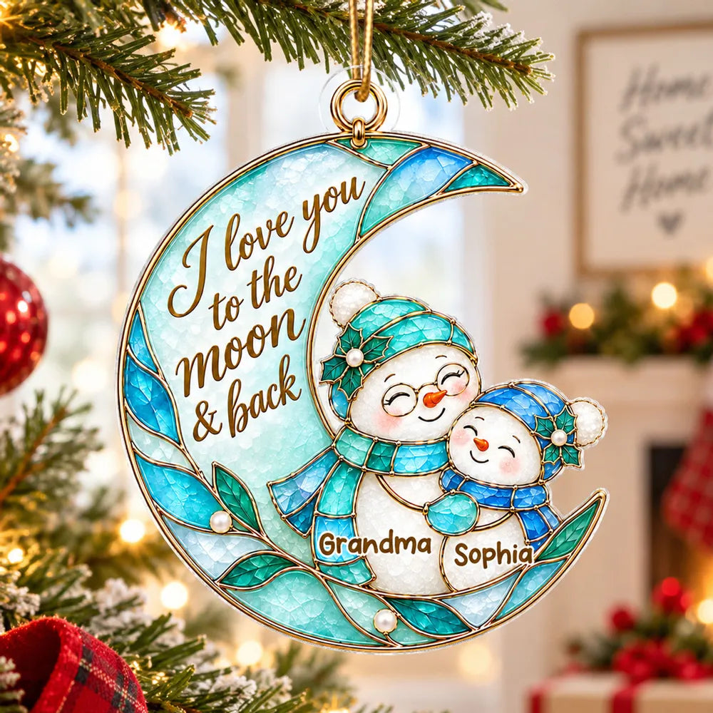 Personalized I Love You to the Moon & Back Acrylic Ornament, Hugging Snowmen, Creative Christmas Gift for Grandkids