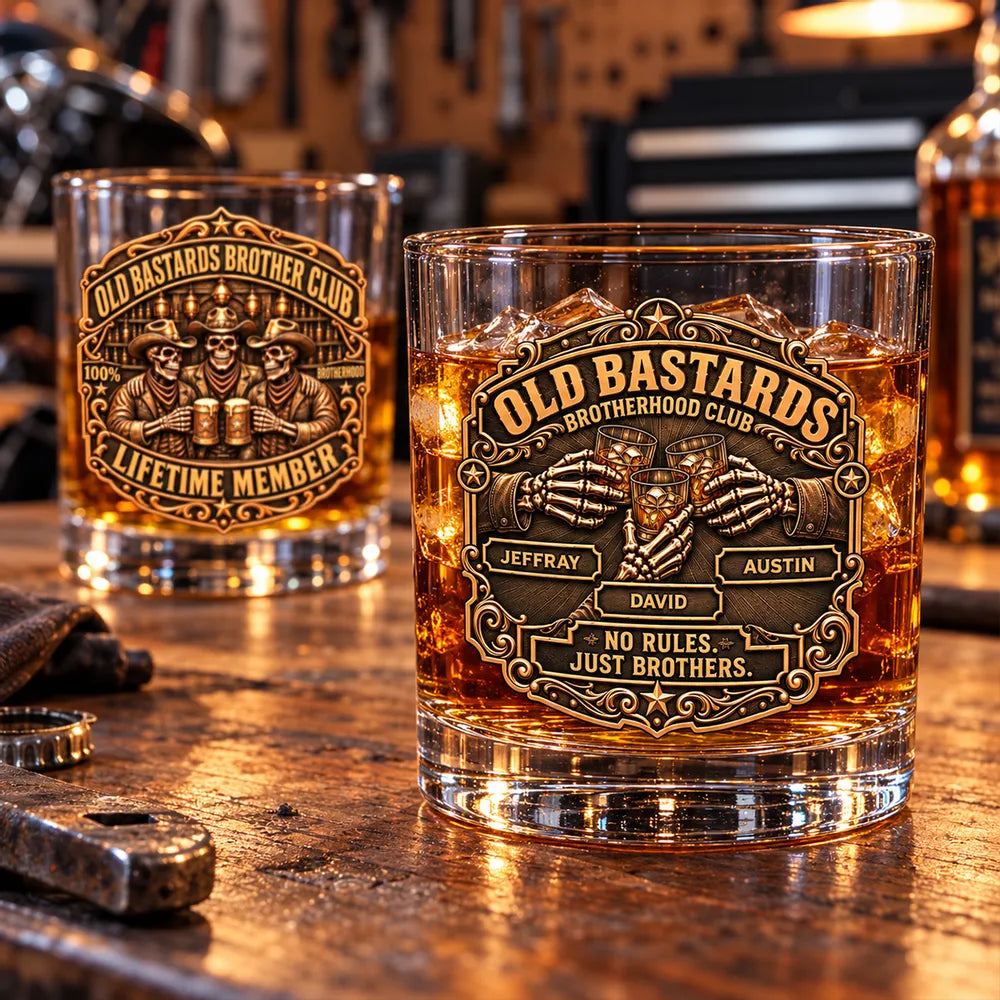 Personalized Whiskey Glass with Clinking Cowboy Skeletons in an Amber Bar, Unique Gift for Brother