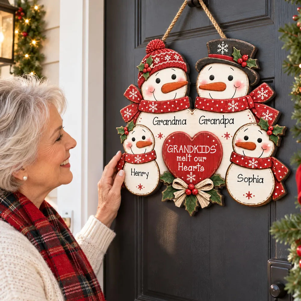 Personalized Wooden Sign, Gathered Snowman Family Christmas Door Decor, Unique Gift for Grandma & Grandpa
