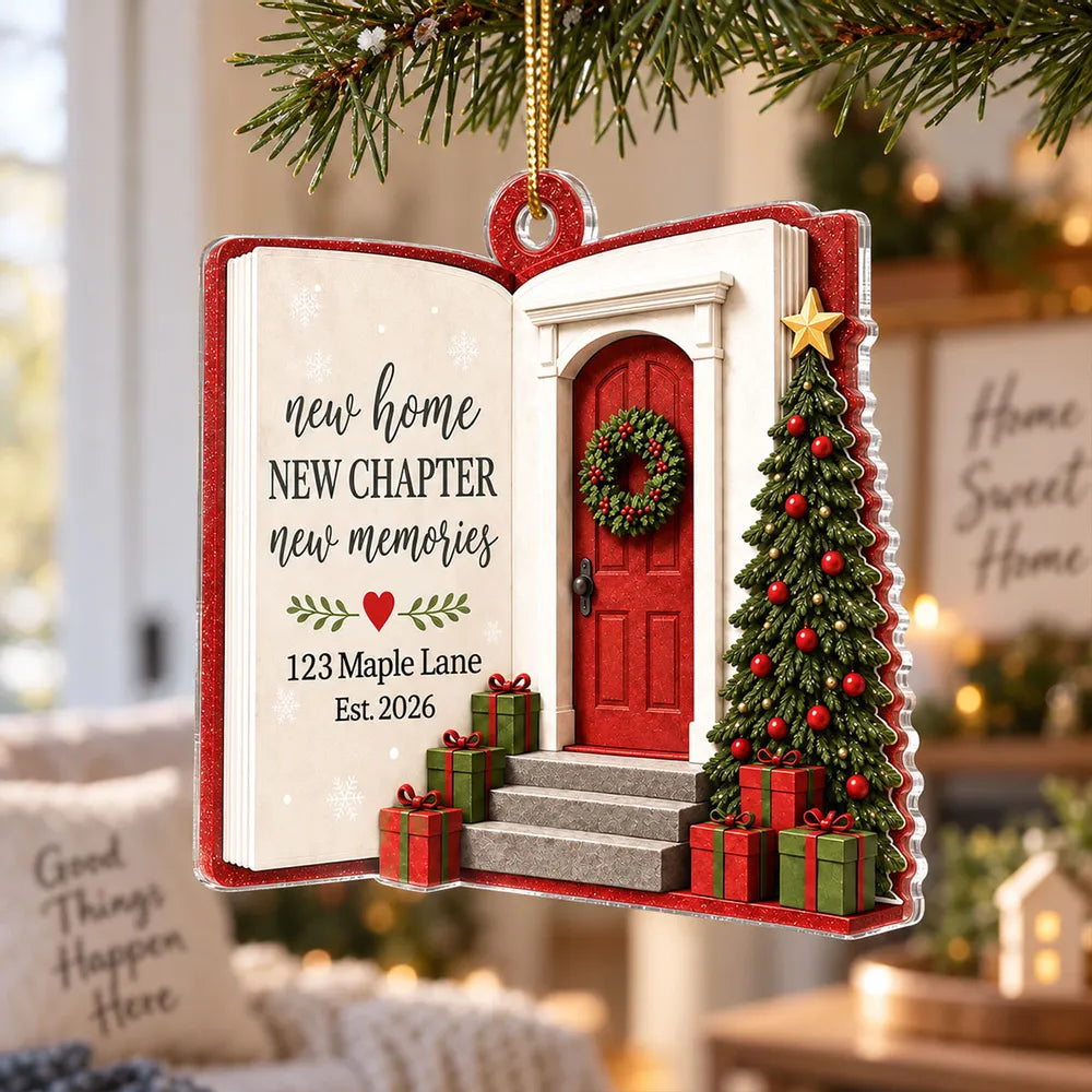Personalized Acrylic Ornament, Red Door and Christmas Tree New Home Scene, Unique Housewarming Gift for Family