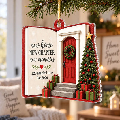 Personalized Acrylic Ornament, Red Door and Christmas Tree New Home Scene, Unique Housewarming Gift for Family