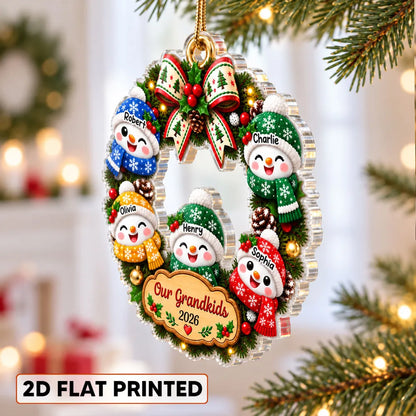 Personalized Acrylic Ornament with Cute Snowman Grandkids Wreath, Unique Christmas Gift for Grandparents