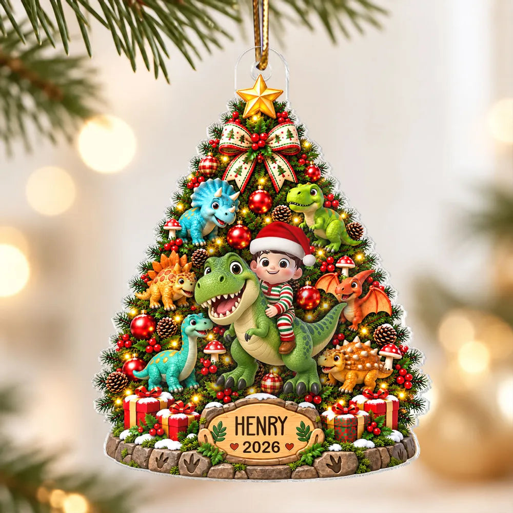Personalized Acrylic Ornament, Kid Riding a Dinosaur by a Christmas Tree, Unique Gift for Dinosaur Lovers