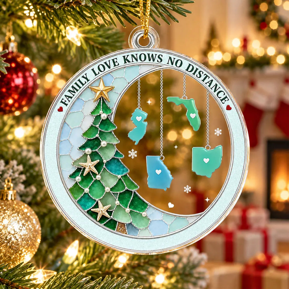 Personalized Acrylic Ornament with Family Map Charms and Christmas Tree, Unique Gift for Long-Distance Family