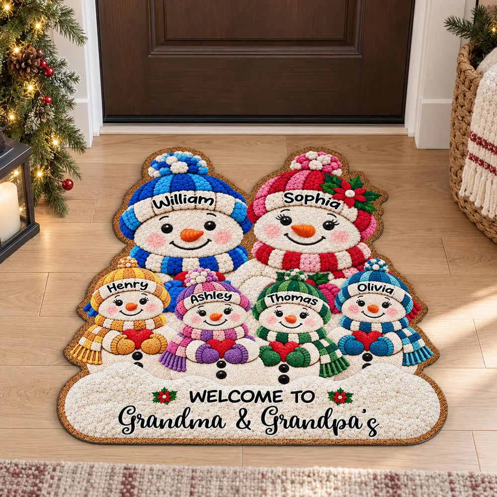 Personalized Shaped Doormat, Cute Snowman Grandparents & Grandkids at a Christmas Entryway, Unique Family Gift