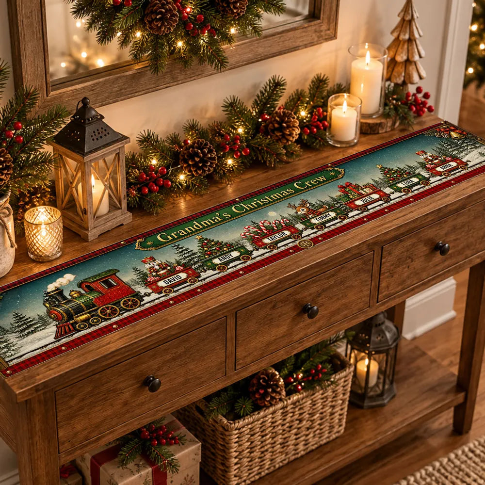 Personalized Christmas Train Table Runner, Vintage Red & Green Snowy Scene, Unique Gift for Grandma