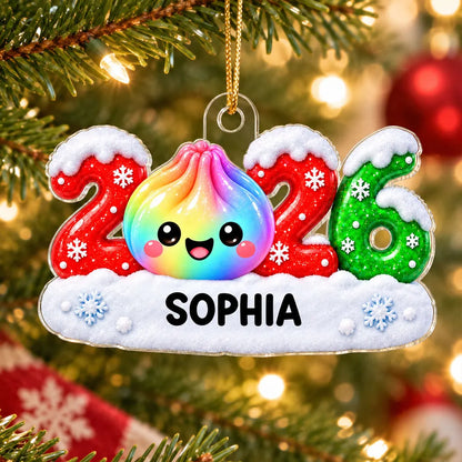 Personalized Acrylic Ornament with Cute Rainbow Dumpling and Snowflakes, Unique Christmas Gift for Kids