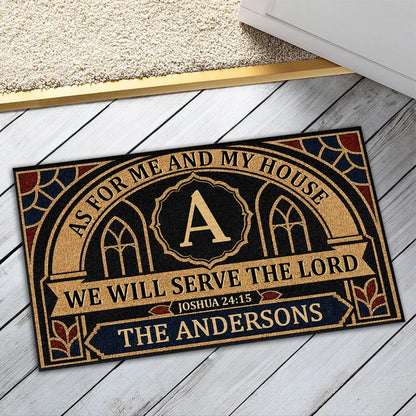 Personalized Standard Doormat, We Will Serve the Lord Bible Verse, Black and Gold Unique Housewarming Gift for Family