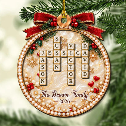 2-Layer Wooden Ornament, Personalized Family Word Search in Red & Gold, Unique Christmas Gift