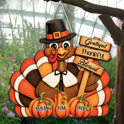 Personalized Wooden Sign with Pilgrim Turkey, Pumpkins and Grateful Thankful Blessed, Unique Rustic Gift for Family