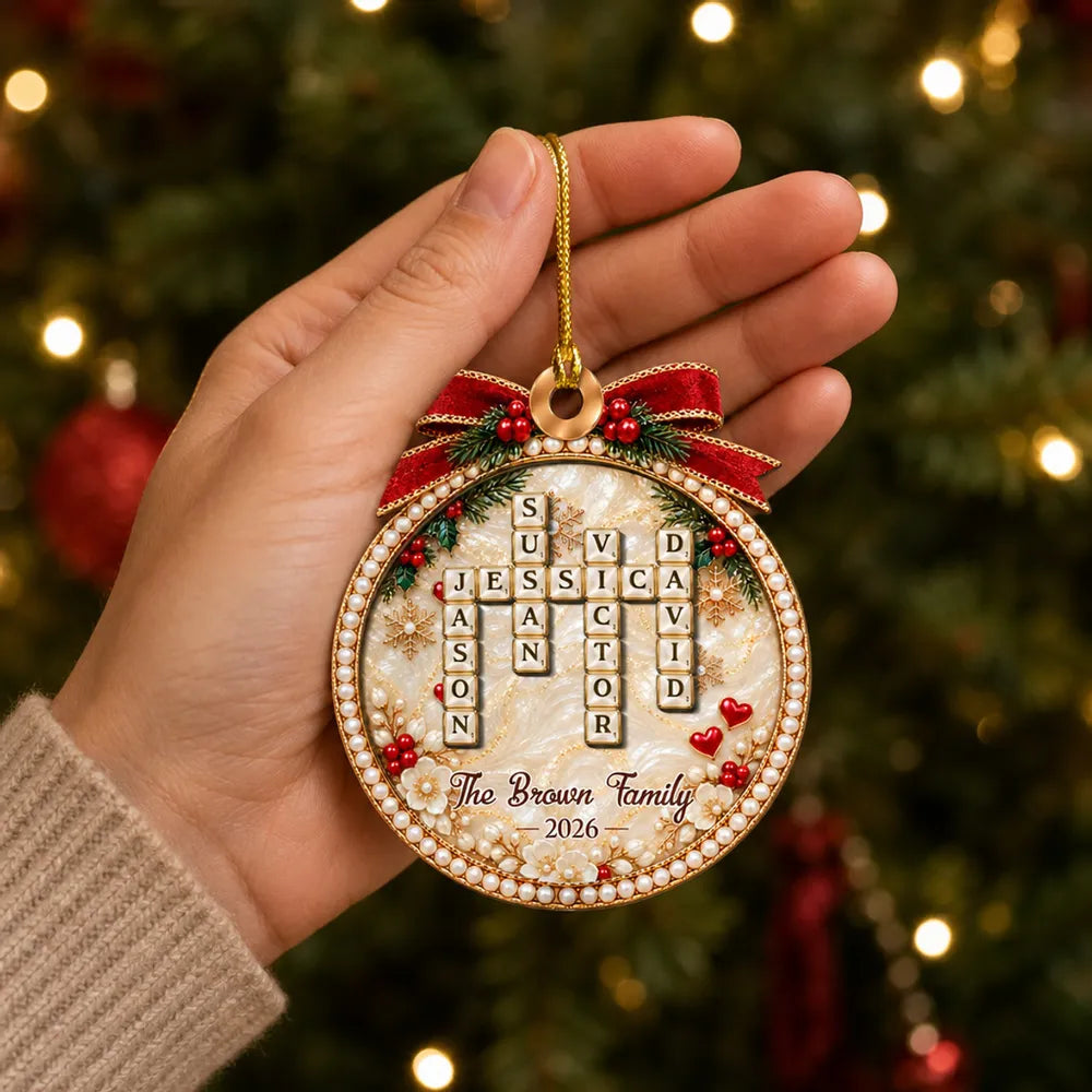 2-Layer Wooden Ornament, Personalized Family Word Search in Red & Gold, Unique Christmas Gift
