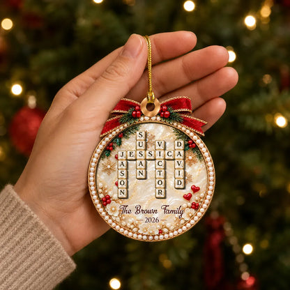 2-Layer Wooden Ornament, Personalized Family Word Search in Red & Gold, Unique Christmas Gift