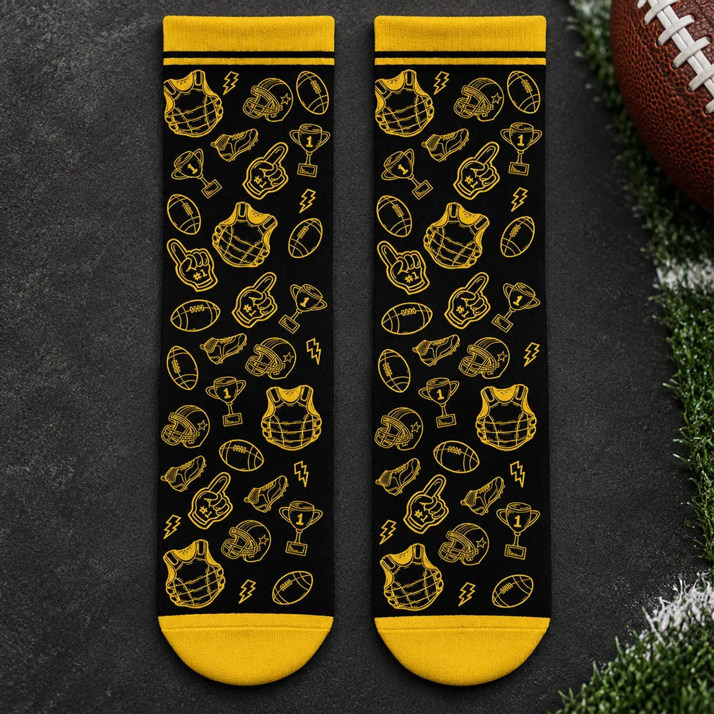 Personalized Crew Socks, Green Football Design for Lounging on Game Day, Unique Gift for Dad