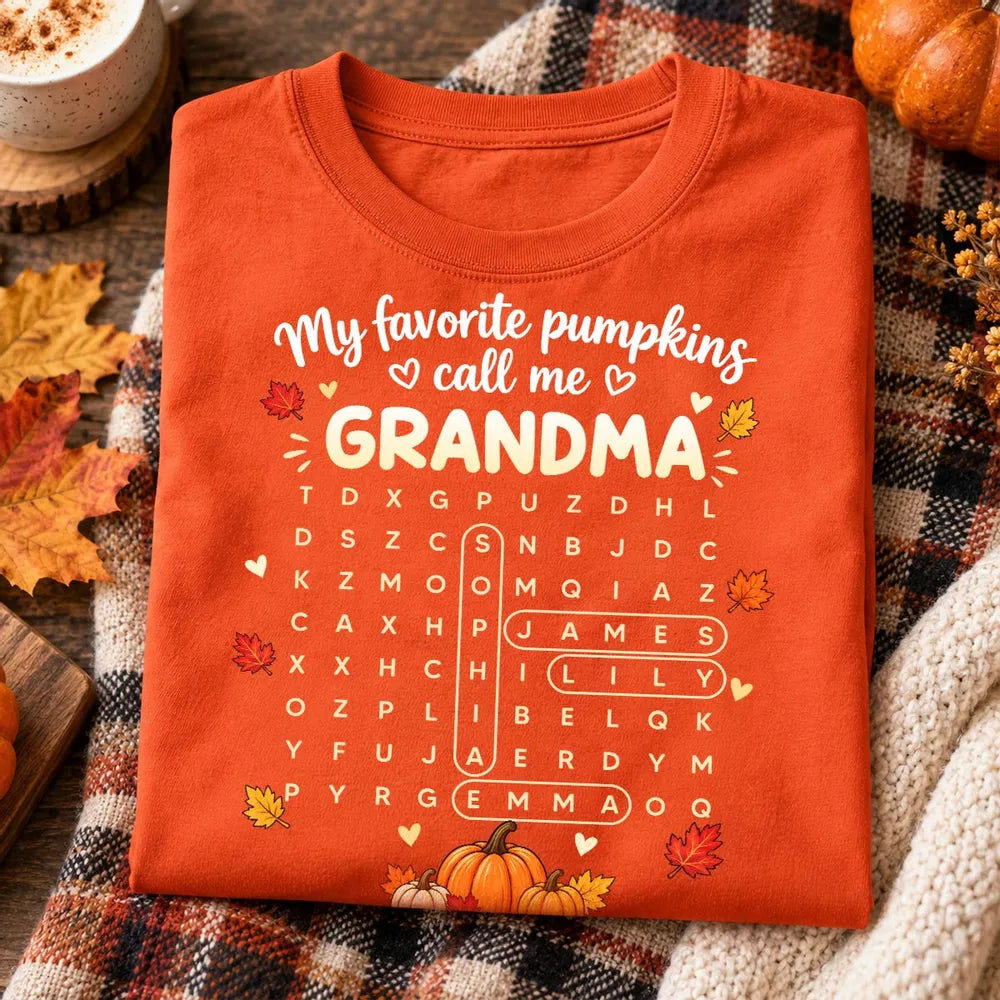Personalized Classic Tee, Pumpkin Word Search Design, Unique Fall Gift for Grandma